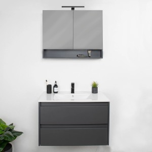 Modernes, 3-teiliges Badmöbel-Set Cleo in Grau-Anthrazit mit LED-Spiegelschrank und Waschtisch mit Unterschrank.