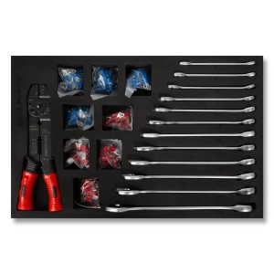 EBERTH Multitool Werkzeugset, 81-teilig, rot, für Werkzeugwagen, mit Crimpzange, Kabelschuhen und Schraubenschlüsseln.