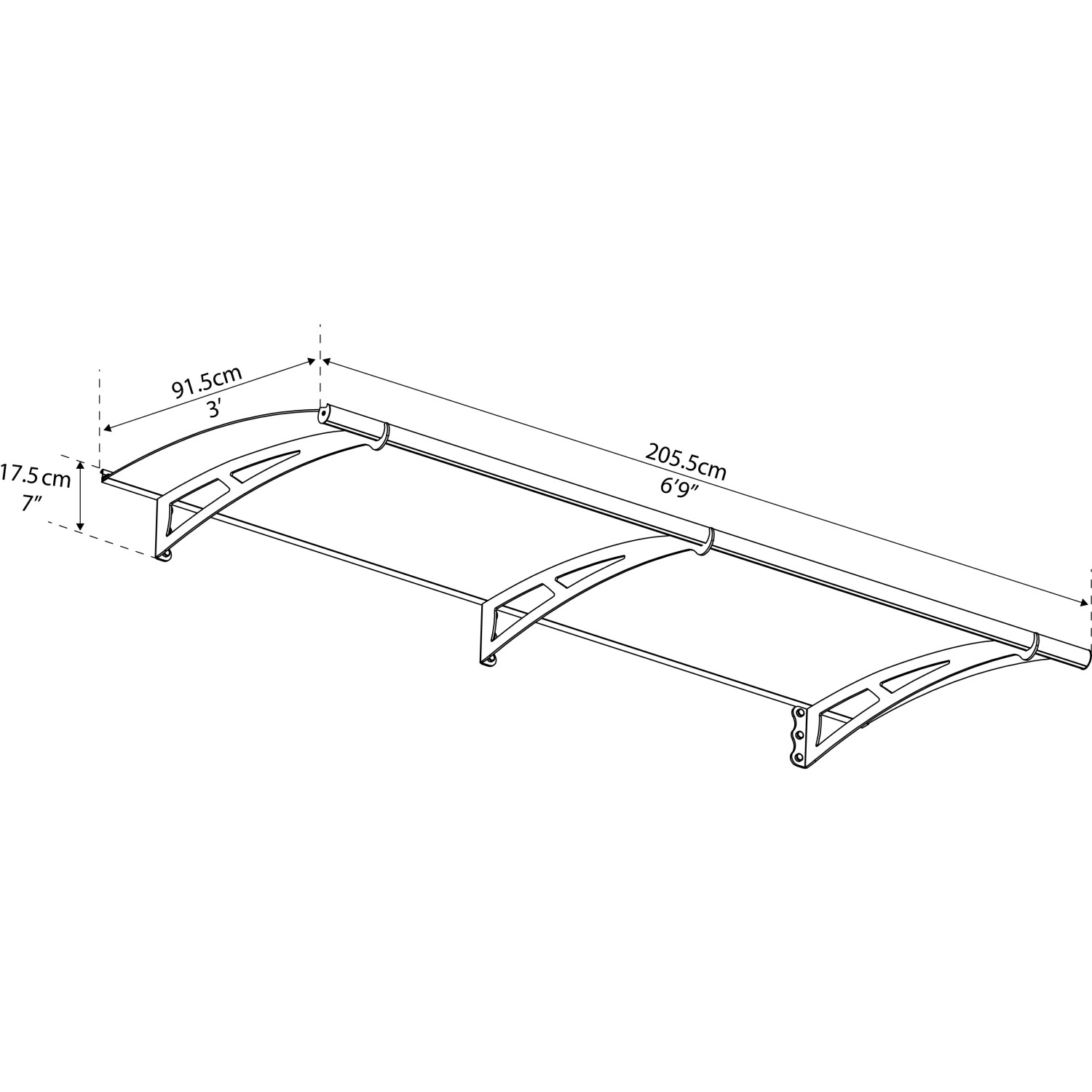 Technische Zeichnung: Palram Canopia Aquila 2 x 0.9 Vordach, Maße und Details.