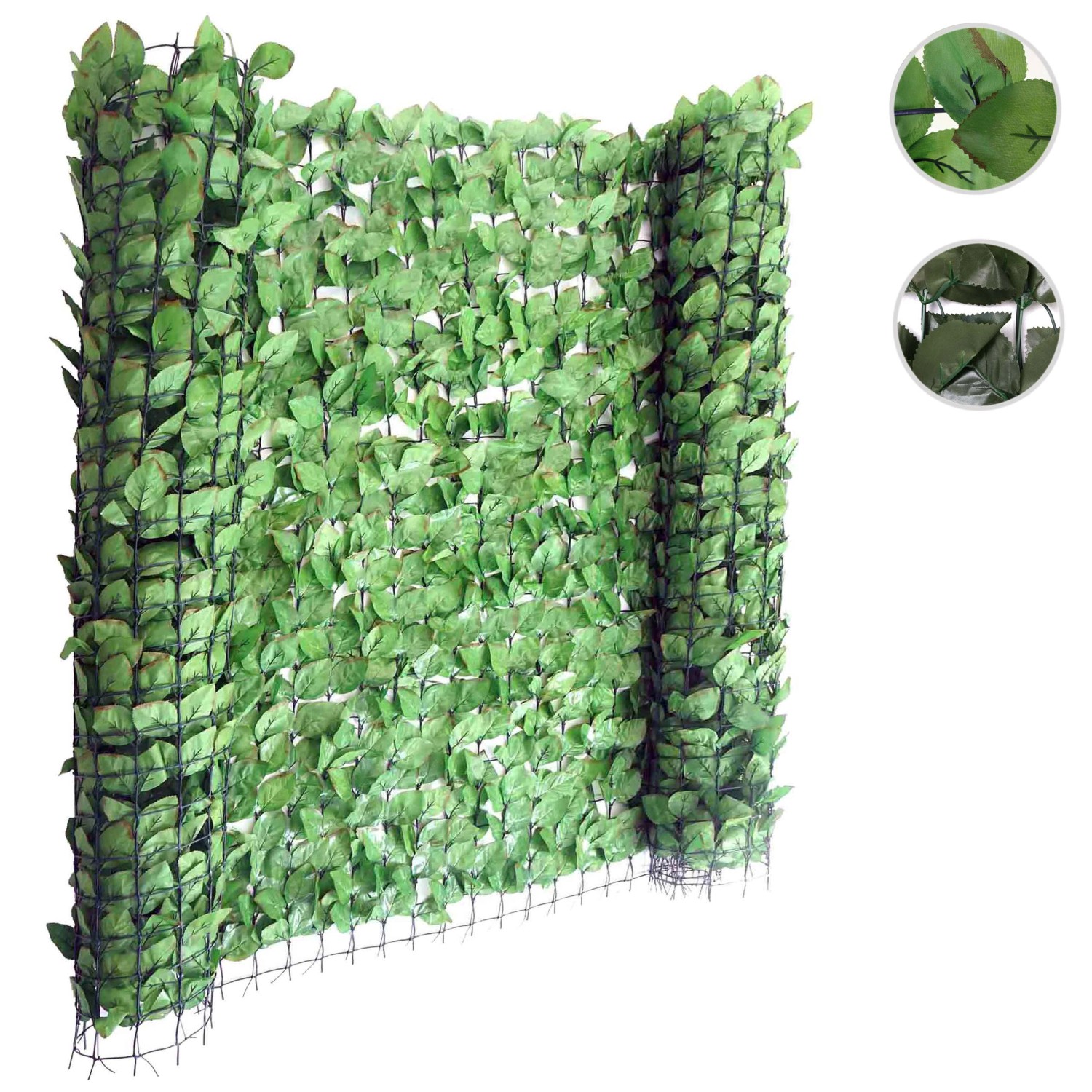 Balkonsichtschutz Buche, 300x150cm, hellgrüne Blätter auf flexiblem Gitter.