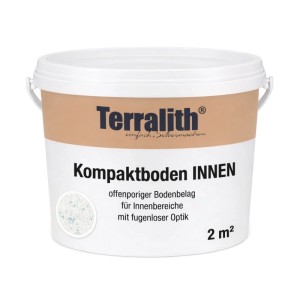 Weißer Eimer Terralith Kompaktboden Mix Bianco 106 für 2 m². Offenporiger Steinteppich für fugenlose Innenbereiche.