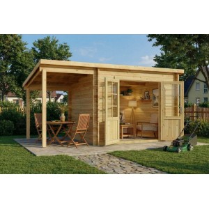Modernes Alpholz Gartenhaus Maria aus naturbelassenem Holz mit Pultdach, Schleppdach und Doppeltür.