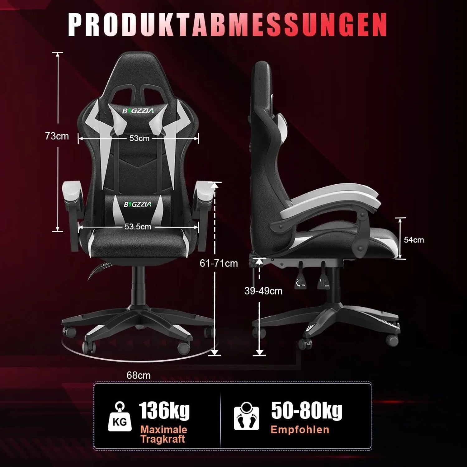 Ergonomischer Gaming Stuhl, schwarz-weiß, mit Maßen. Höhenverstellbar, Kopf- & Lendenstütze. Max. Tragkraft 136kg.