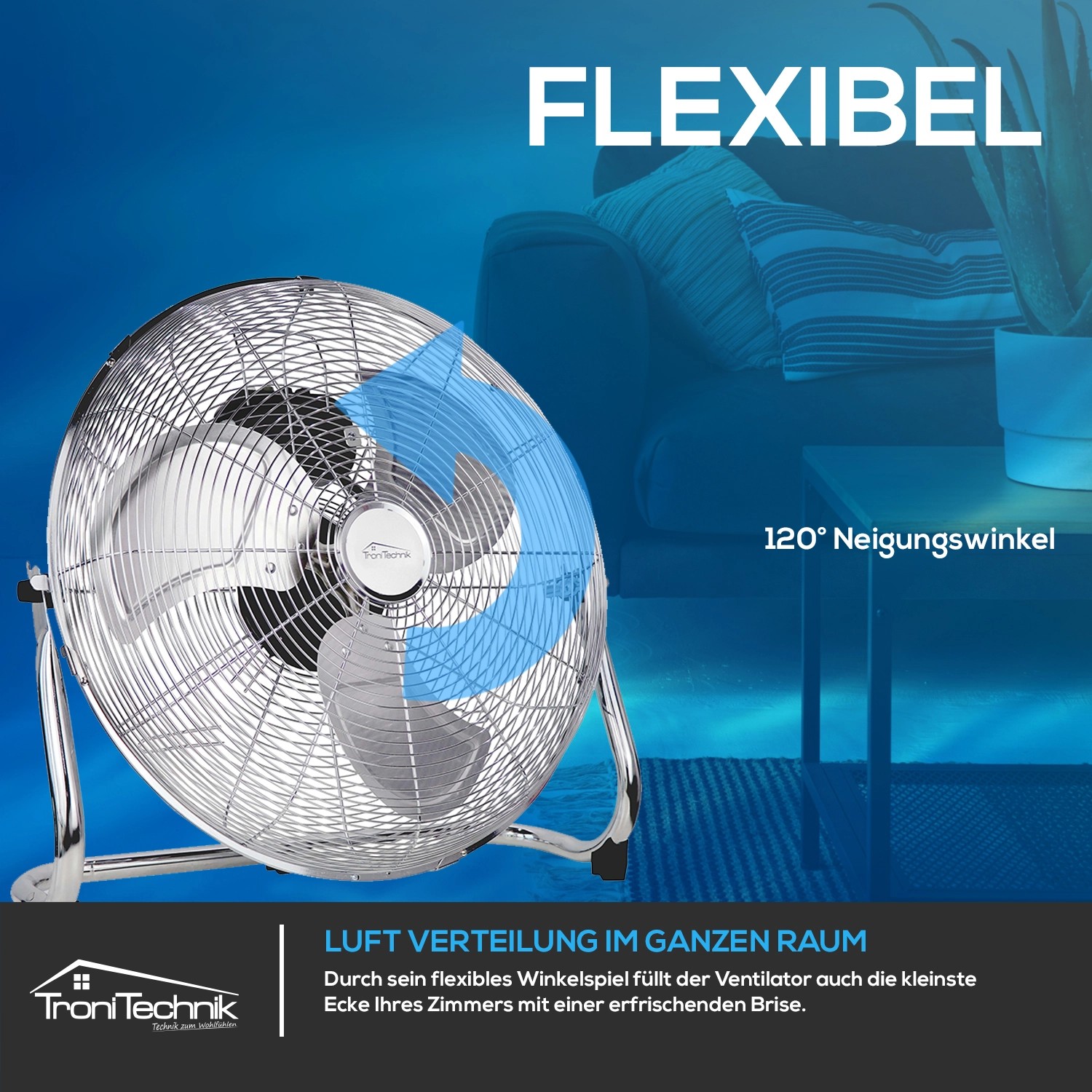 Silberner TroniTechnik Bodenventilator (⌀45cm) mit drei Geschwindigkeitsstufen und Neigungsfunktion.