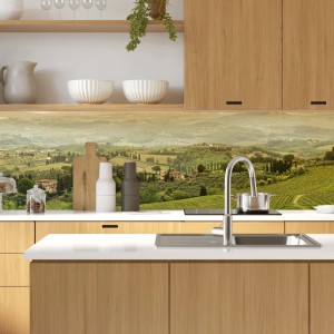 MySpotti Küchenrückwand Profix Cucina Romeo mit Toskana-Motiv in moderner Küche.