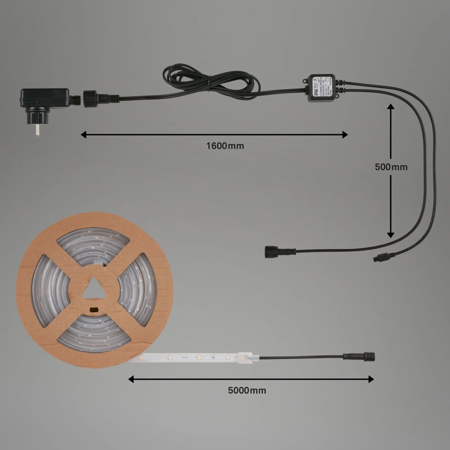 Brilo Outdoor LED-Strip 5m auf Rolle, mit Zubehör wie Stecker und Trafo.