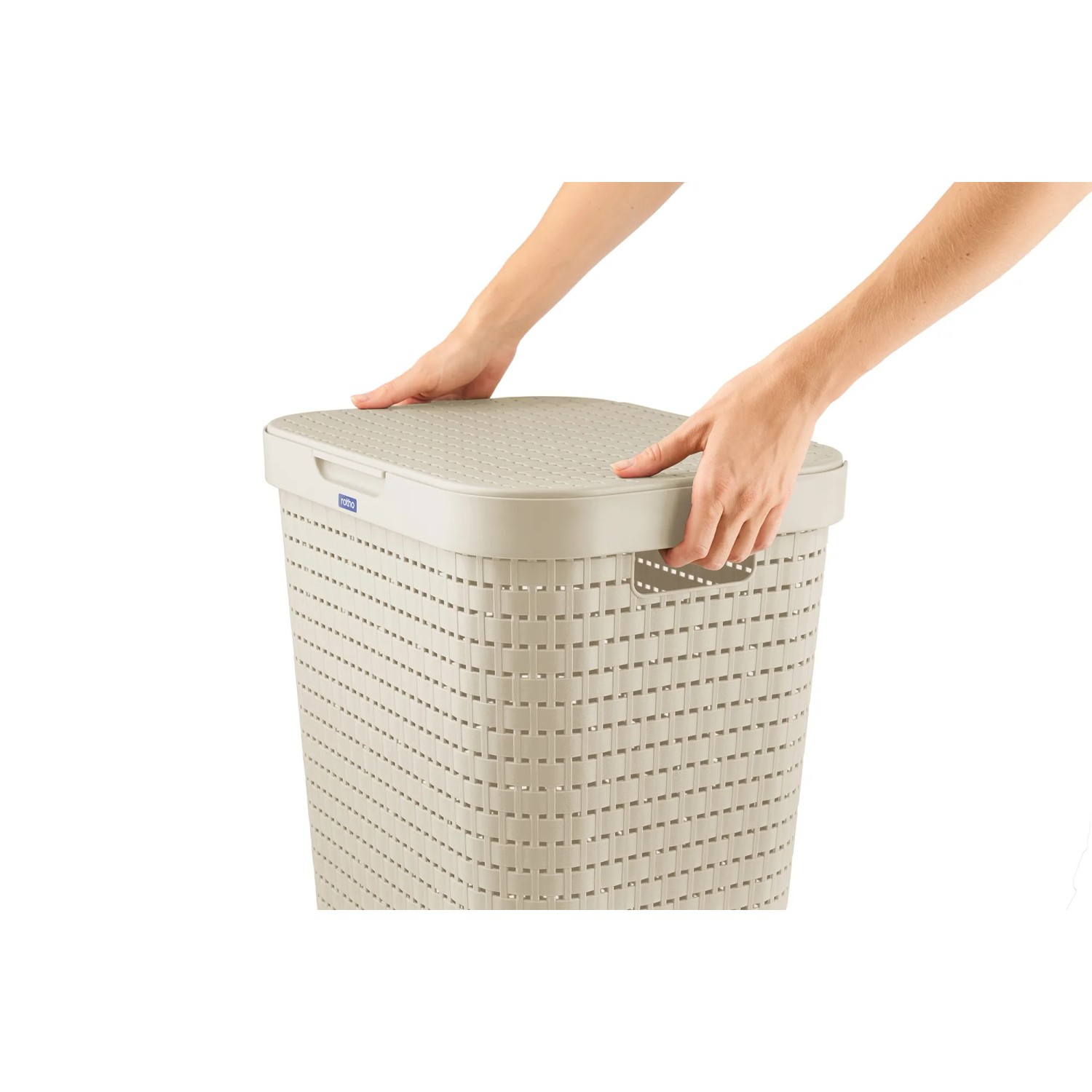 Rotho Wäschesammler Country, 55 l, Cappuccino, mit Rattanstruktur und Deckel.