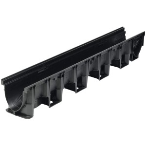 Schwarze ACO Galaline Entwässerungsrinne aus Kunststoff, 1 m lang, für flexible Anwendungen.