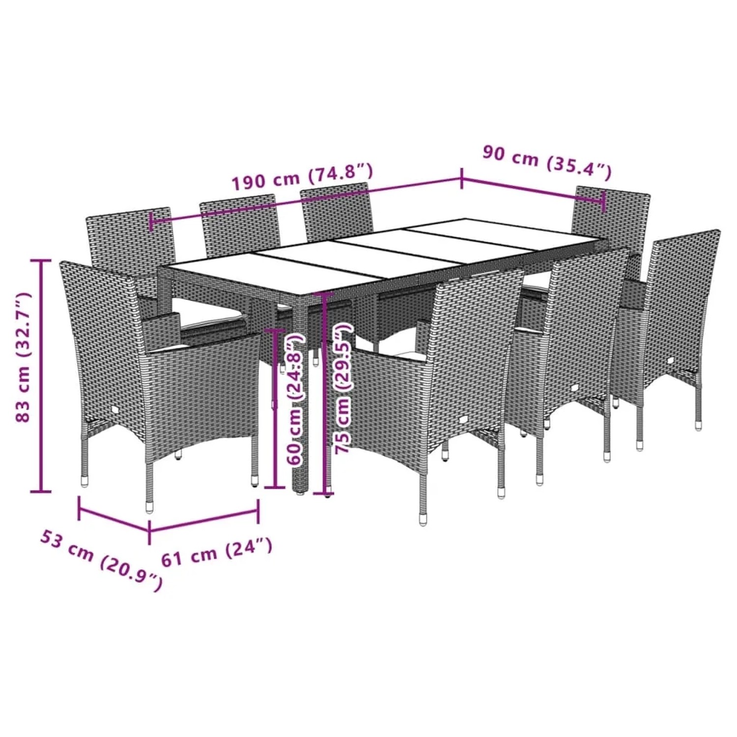 Graue 9-tlg. Garten-Essgruppe aus Polyrattan mit Glastisch und Kissen. Gartenmöbel-Set für 8 Personen.