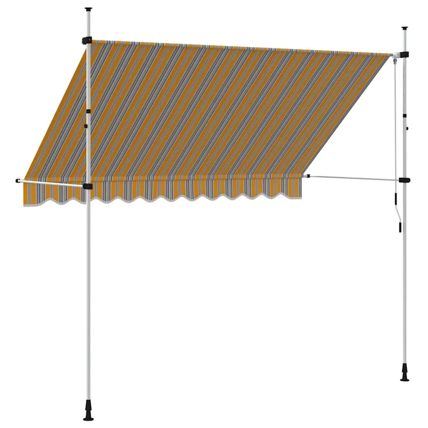 Gelb-blau gestreifte, handbetriebene Einziehmarkise (300 cm) mit weißem Stahlrahmen und Kurbelmechanismus.