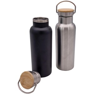 Steuber Trinkflasche, 600ml, Edelstahlfarben, mit Tragehenkel und Holzdeckel.