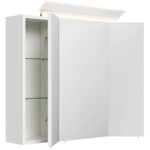 Posseik Spiegelschrank 75 cm, weiß hochglanz, mit LED-Lampe und Glasböden.