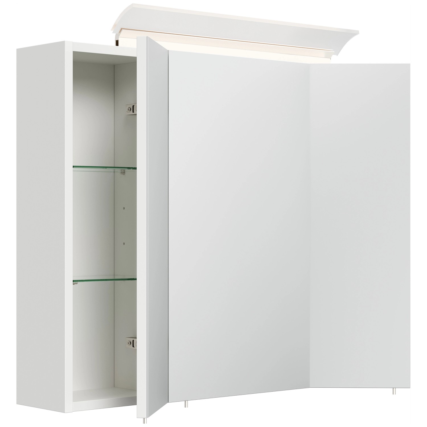 Posseik Spiegelschrank 75 cm, weiß hochglanz, mit LED-Lampe und Glasböden.