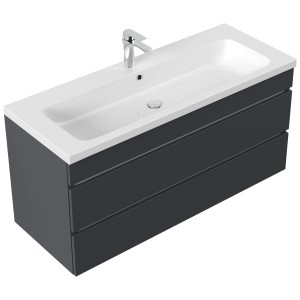 Posseik Badmöbel Fellini 120 in Grafit mit grifflosen Schubladen und Mineralgussbecken.