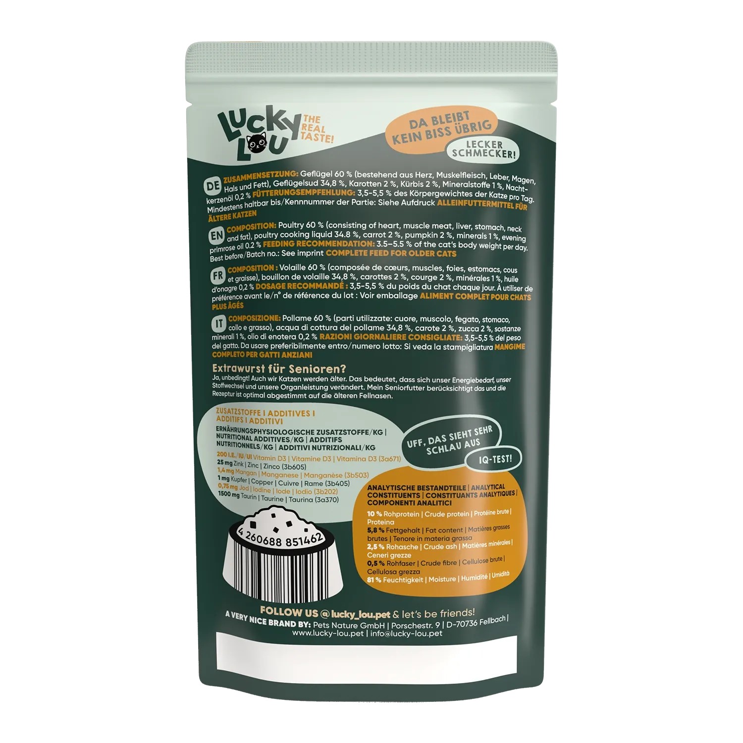 Lucky Lou Katzen-Nassfutter Senior Geflügel, 125g Packung für ältere Katzen.
