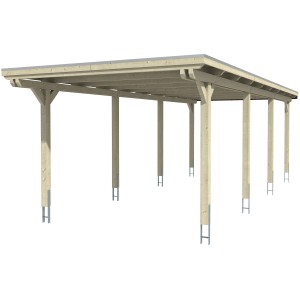 Weißes Skan Holz Einzelcarport aus Leimholz mit flachem Dach und acht Pfosten.
