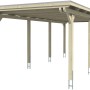 Weißes Skan Holz Einzelcarport aus Leimholz mit flachem Dach und acht Pfosten.