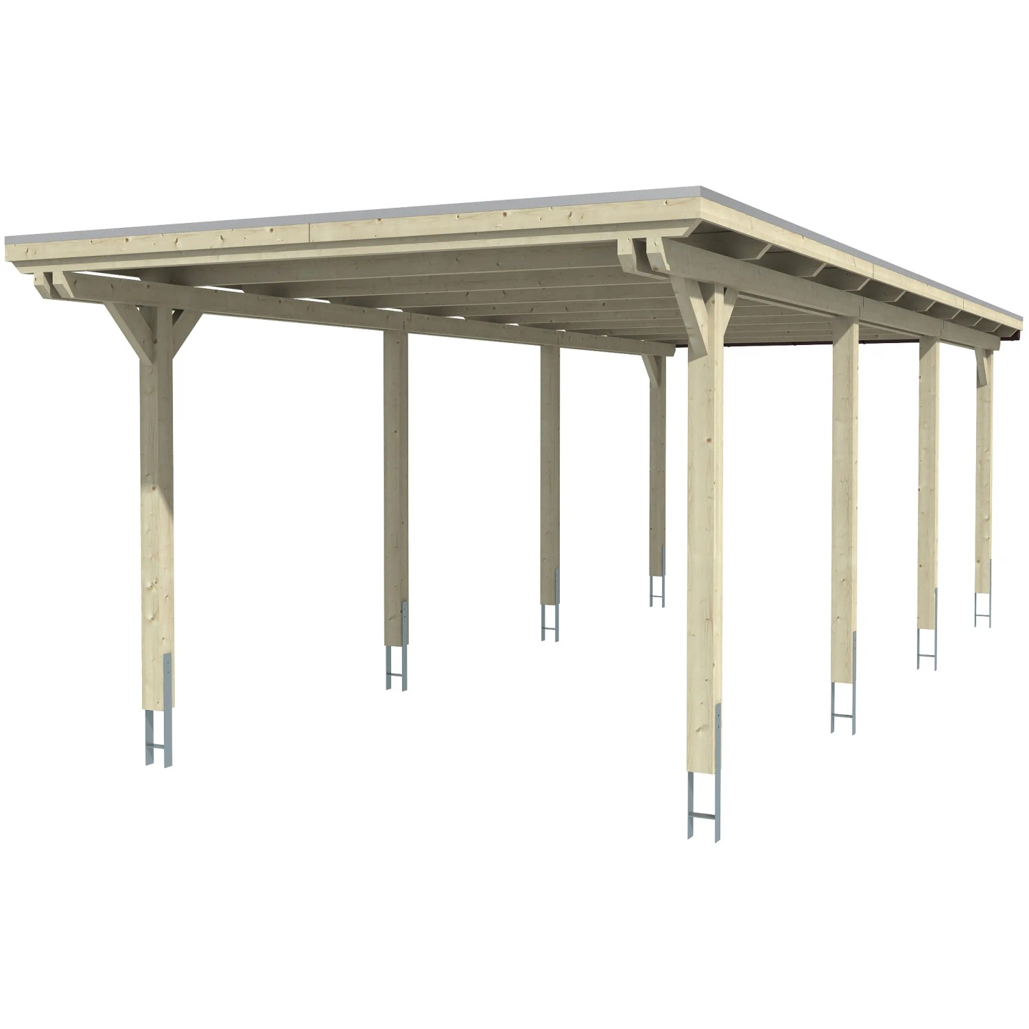 Weißes Skan Holz Einzelcarport aus Leimholz mit flachem Dach und acht Pfosten.