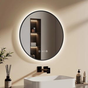 Runder LED Badspiegel, 60 cm, mit schwarzem Rahmen, Beleuchtung, Uhr und Temperaturanzeige.