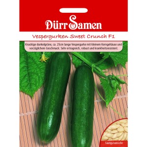 Dürr Samen Vespergurken Sweet Crunch F1 Saatgut Packung mit Gurken und Samen-Ansicht.