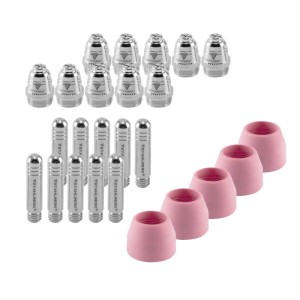 STAHLWERK Verschleißteile Set für Plasmabrenner: 10 Düsen, 10 Elektroden, 5 Keramikkappen, silber/rosa auf weißem Grund.