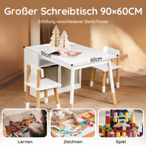 Weißer Kindertisch mit 2 Stühlen und Stauraum. Kindersitzgruppe für Kinderzimmer.