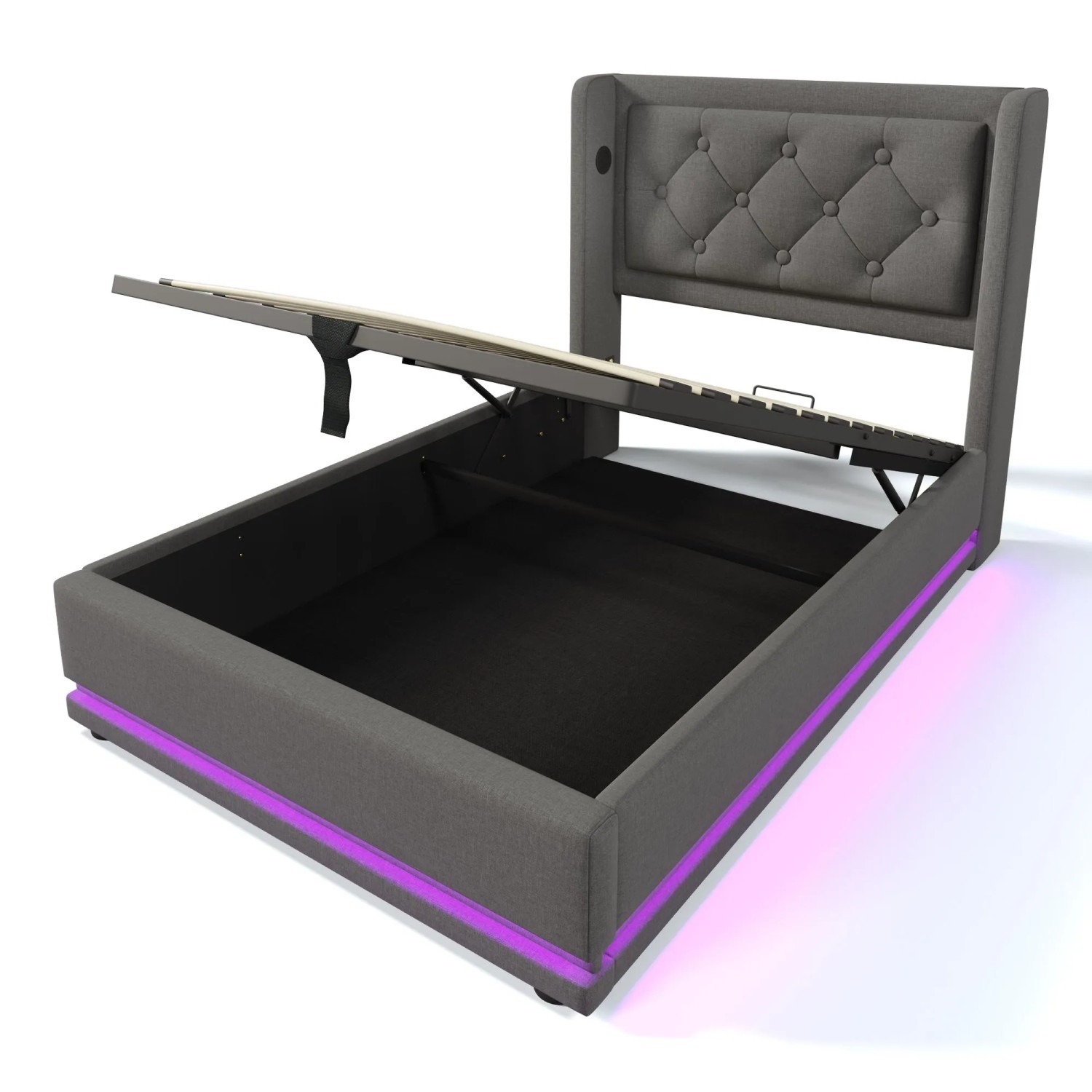 okwish Polsterbett 90×200 Hydraulisches Stauraumbett mit USB Type-C Ladefunktion und 3-seitige LED-Funktion ohne Matratze