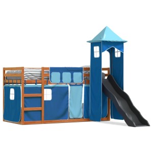 Blaues vidaXL Etagenbett mit Rutsche und Vorhängen, Kiefernholz, 90x200 cm. Ideal für Kinderzimmer.
