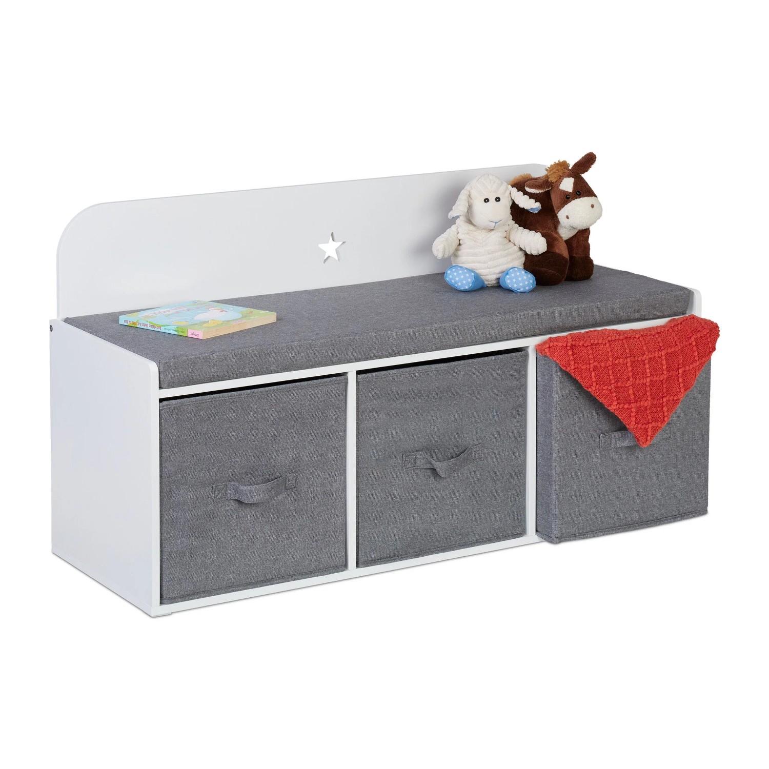 Relaxdays Kinderbank mit Stauraum MDF Weiß Grau Gepolstert 54 cm x 99 cm x 35 cm 15,6 kg
