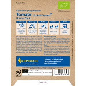 Kiepenkerl Cocktail-Tomate Bolstar Gimli F1 Bio Samenpackung. Bioland Tomatensamen.