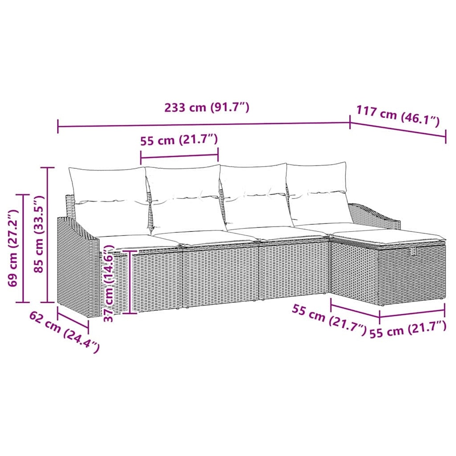 vidaXL Gartenmöbel-Set, hellgraues Poly Rattan Sofa mit Kissen, Maße siehe Skizze.
