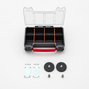 Qbrick System PRO Organizer Set mit Wandadapter, offener Werkzeugkoffer mit Zubehör.