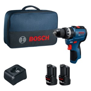 Bosch PRO Akku-Schlagbohrmaschine GSB12V-31 Set mit 2x 2 Ah Akkus, Ladegerät und blauer Werkzeugtasche.