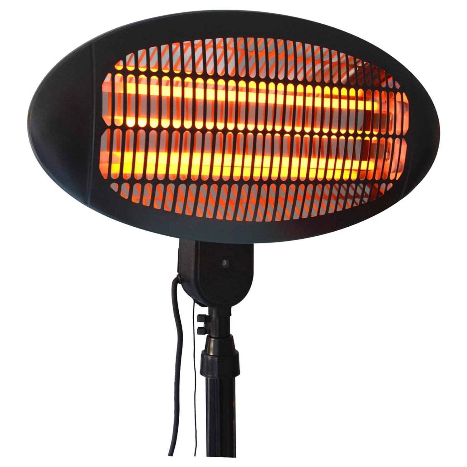 Schwarzer Heizstrahler Infrae 2000 W mit Stativ und drei Heizstufen.