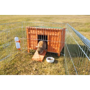 Trixie Kleintierhaus Natura, braunes Holzhaus mit Rampe und Kaninchen im Außengehege.