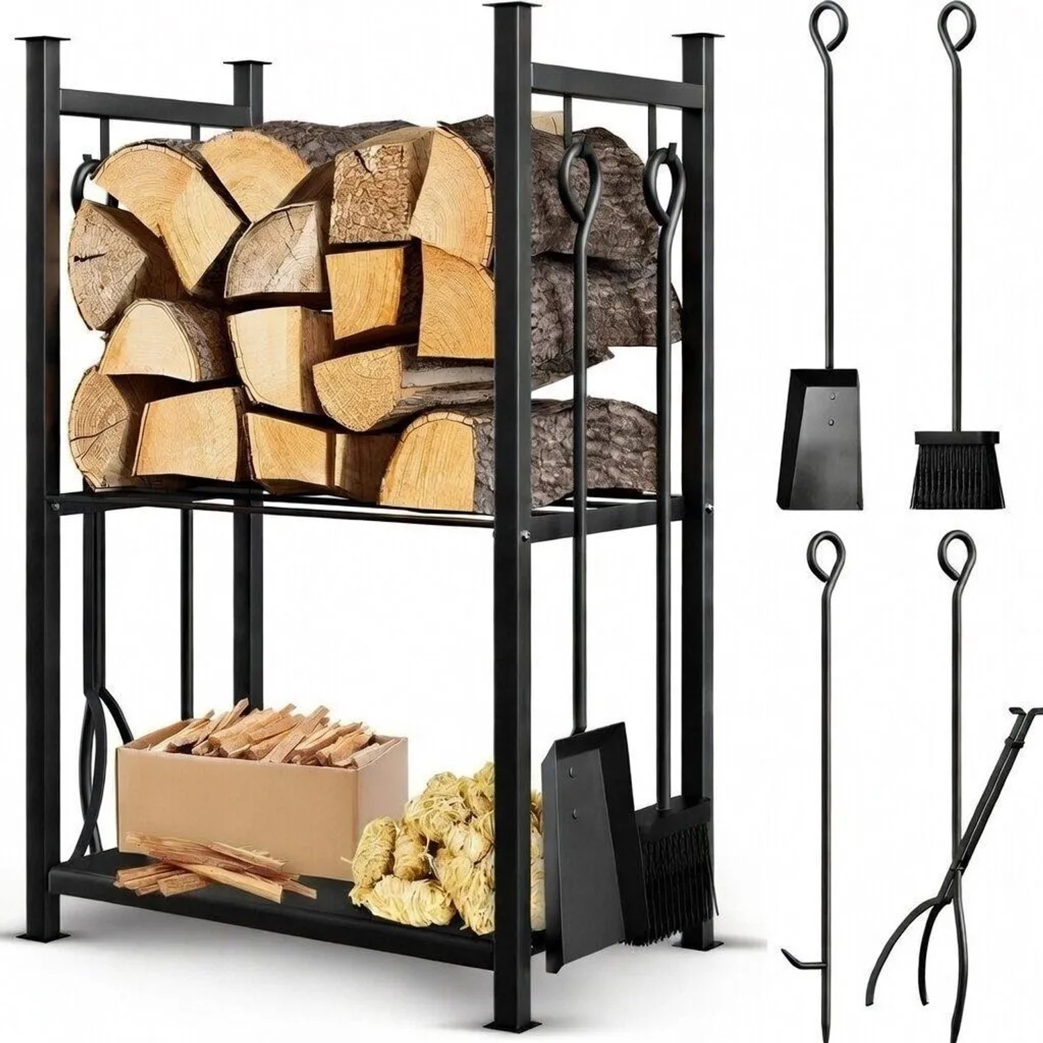 BLACK OAK Kaminholzständer ANTERO 72×46×30 cm – 5-Teiliges Kaminholzregal mit 2 Ebenen aus Stahl Pulverbeschichtet für I...