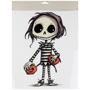 Dekoratives Skelett-Fensterbild Junge, 40 cm, Schwarz-Weiß, mit orangefarbenen Kürbissen. Halloweendeko.