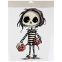 Dekoratives Skelett-Fensterbild Junge, 40 cm, Schwarz-Weiß, mit orangefarbenen Kürbissen. Halloweendeko.