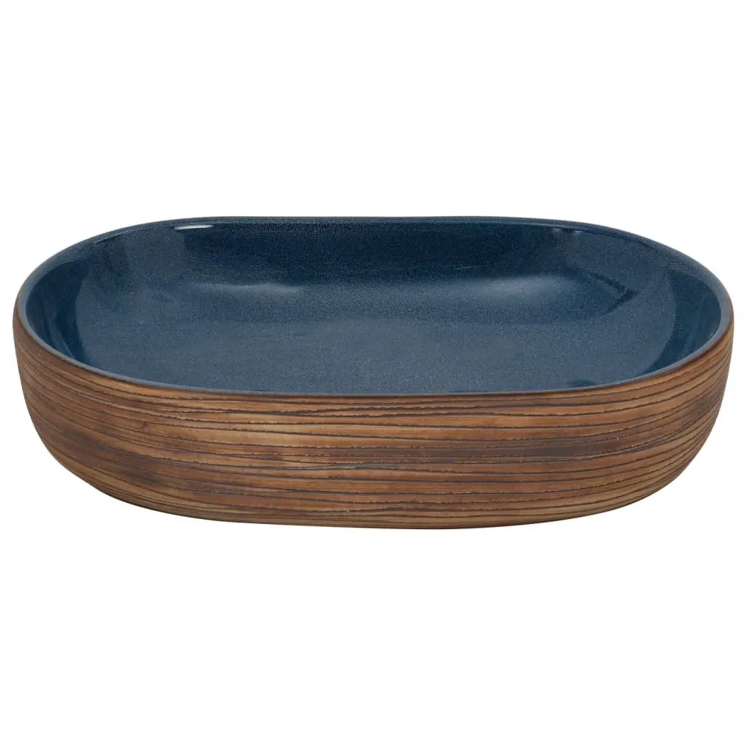 Ovales Aufsatzwaschbecken aus Keramik, braun mit Holzmaserung außen, glänzend blau innen. Ideal für Badezimmer.