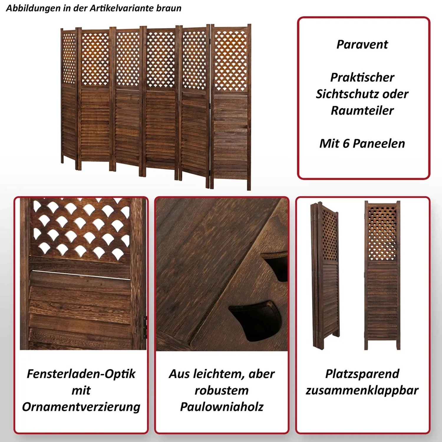 Brauner MCW Paravent A84, 6-teilig, im Fensterladen-Design als Raumteiler oder Sichtschutz.
