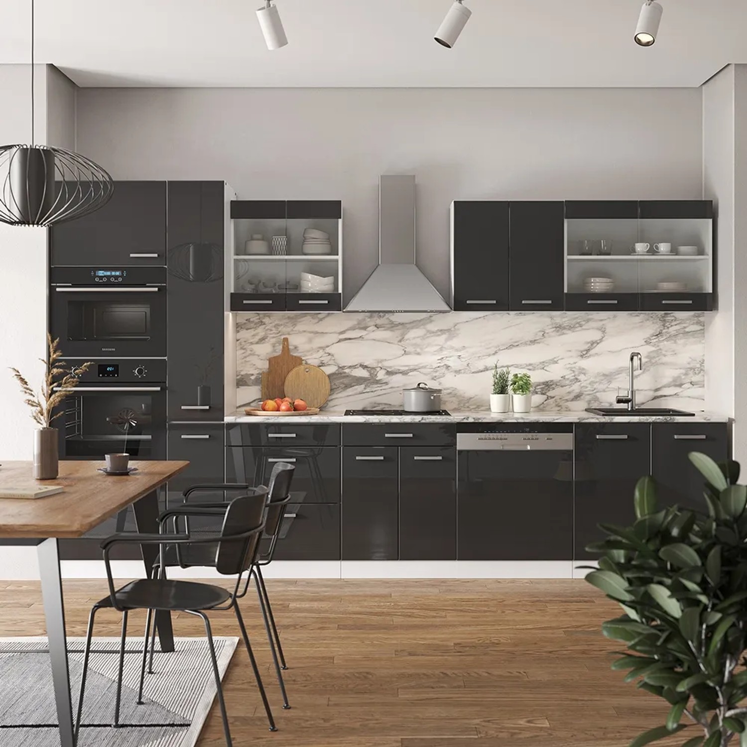 Vicco R-Line Küchenzeile, 350 cm, Anthrazit Hochglanz/Weiß mit Hochschrank. Moderne Küchenmöbel.