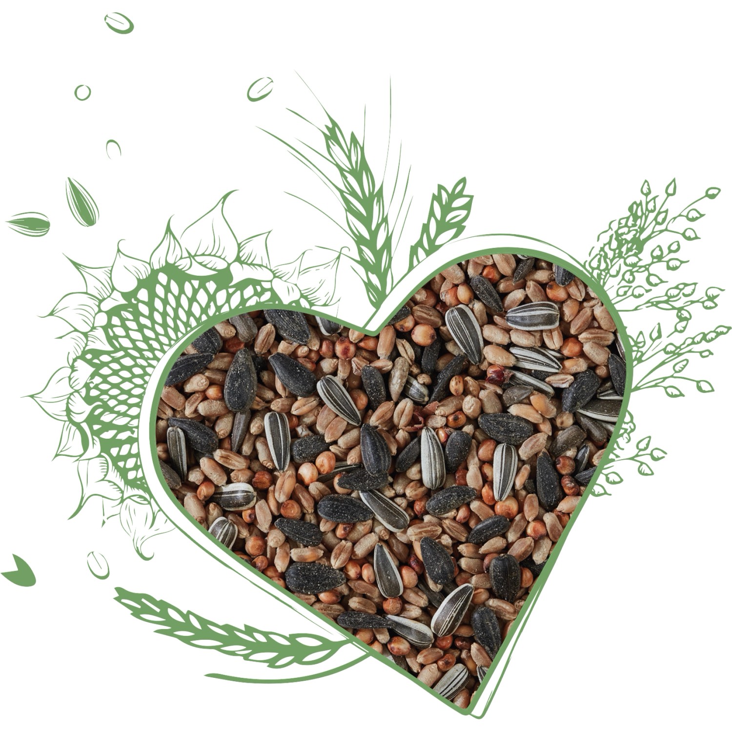 Herzförmiges Streufutter für Wildvögel mit Sonnenblumenkernen und Getreide.