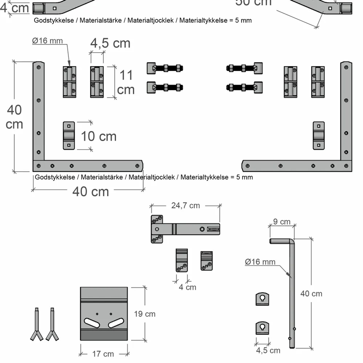 Montage-Details Doppeltor Ligno: Beschläge, Winkel, Riegel und Maße für den Aufbau des Gartentors.
