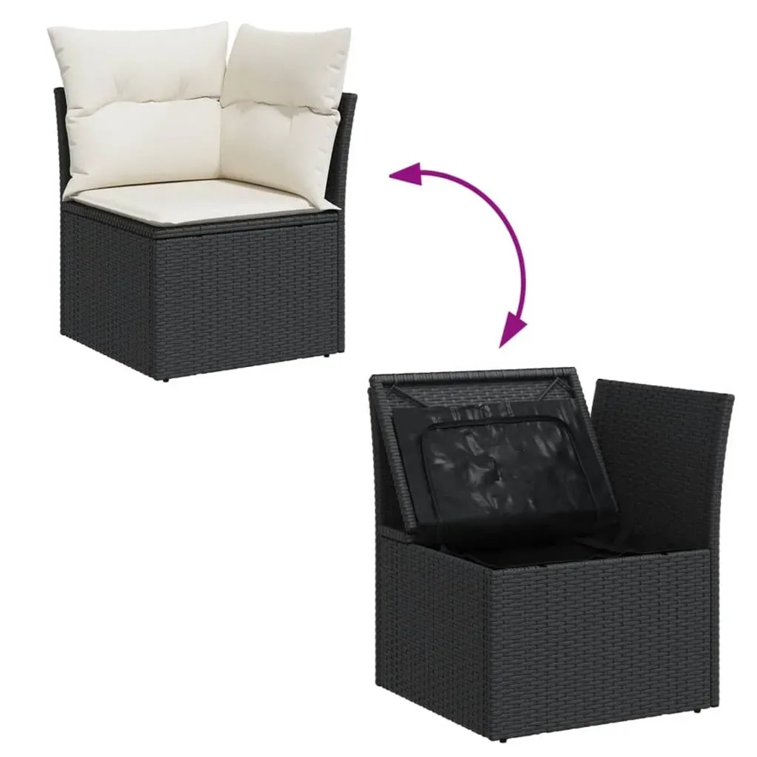 vidaXL Garten-Sofagarnitur, schwarzes Poly Rattan, mit Kissen und Stauraum.