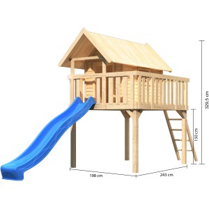 Karibu Stelzenhaus Fidel Set mit blauer Wellenrutsche und Leiter aus Holz.