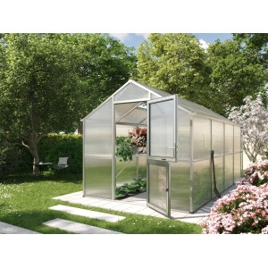 KGT Gewächshaus Alu blank 10 m² mit geöffneter Tür im Garten.