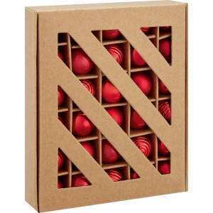 30 rote Weihnachtskugeln (Ø 2 cm) aus Kunststoff im Karton mit 4 verschiedenen Designs.