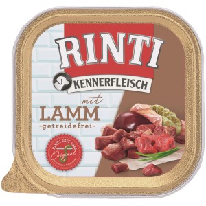 Rinti Kennerfleisch mit Lamm, 300g Schale Hunde-Nassfutter mit Fleischstücken.
