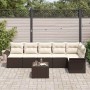 6-teiliges Garten-Sofa-Set aus grauem Poly Rattan mit Kissen und Tisch.