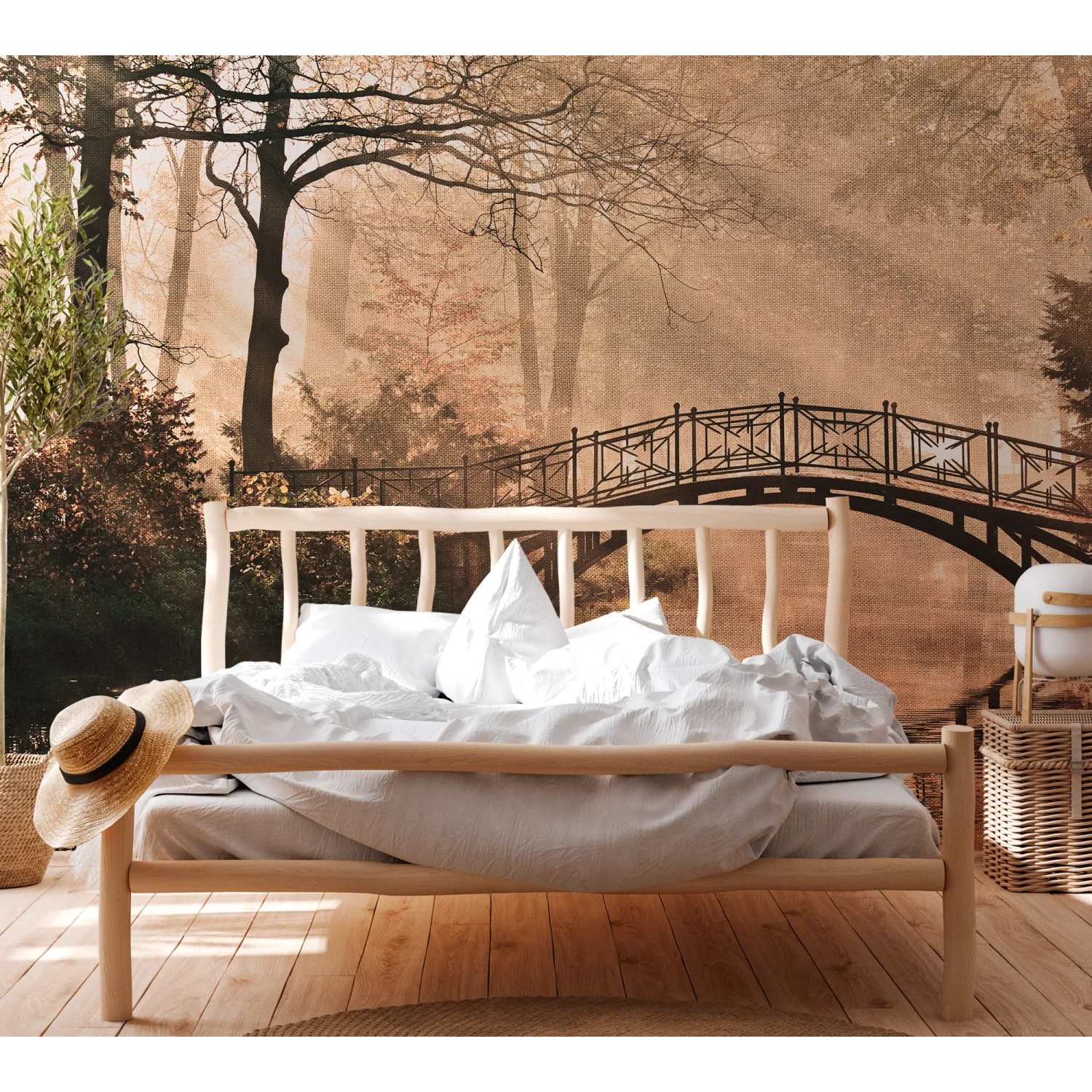 Fototapete Brücke im Wald, grüne und braune Naturlandschaft, 3,50x2,55m